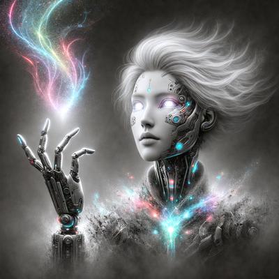 The primary subject of the image is a futuristic robotic woman with a halo. She is wearing a black and white outfit and has a halo above her head. The setting is a dark background, which contrasts with the robotic woman's appearance. The visual style is digital art, as the robotic woman is depicted in a detailed and intricate manner. The colors and mood of the image are predominantly dark, with the robotic woman being the main source of light and contrast.